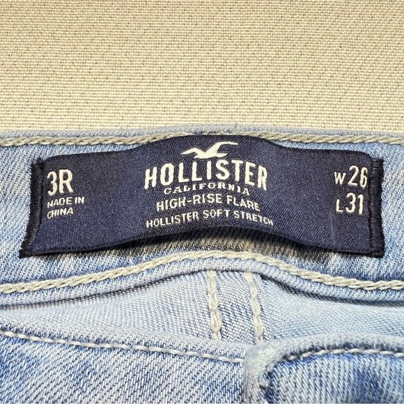 Hollister Junior High-Rise Flare Jeans 3R Blue Denim Light Wash Stretch Slit - Picture 2 of 10